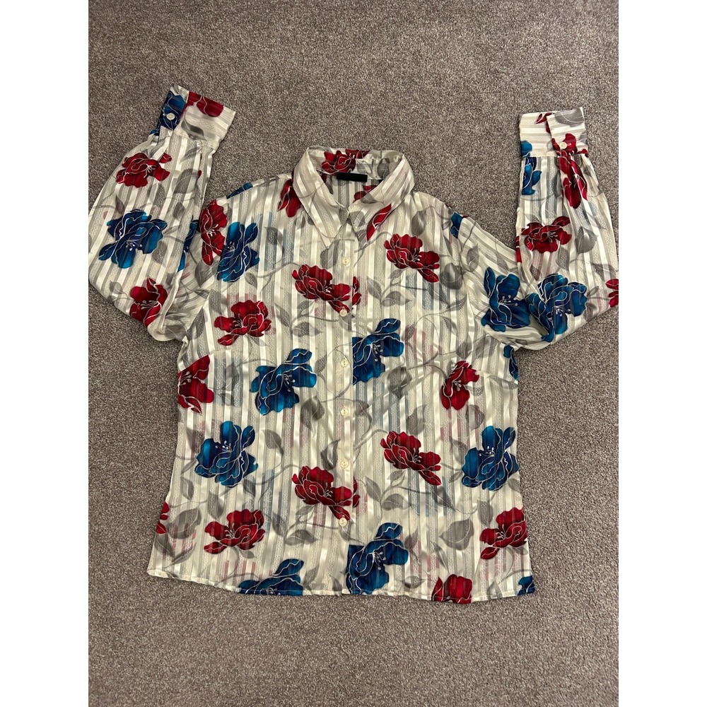 Karen Scott Button Down Shirt Womens L White Floral Striped Excellent Metallic